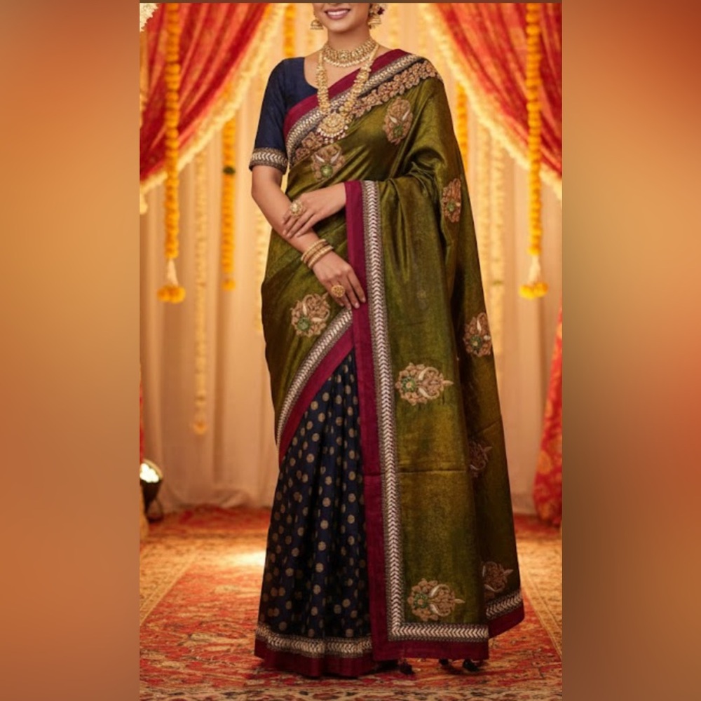 Sabyasachi Elegant Green and Blue Saree with Gold Accents